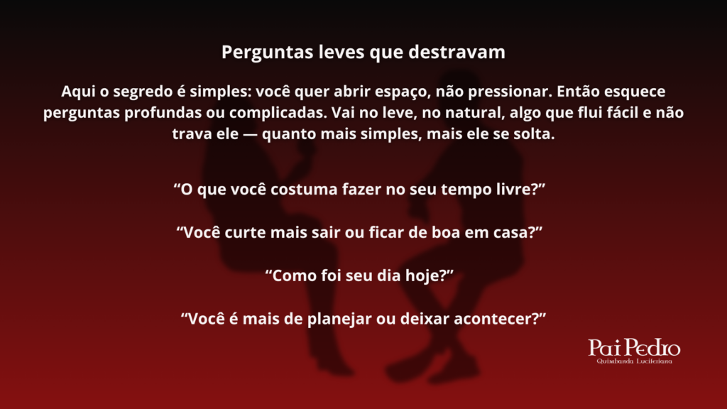 Perguntas leves para homem tímido em fundo vermelho com silhueta de casal conversando, facilitando interação sem pressão