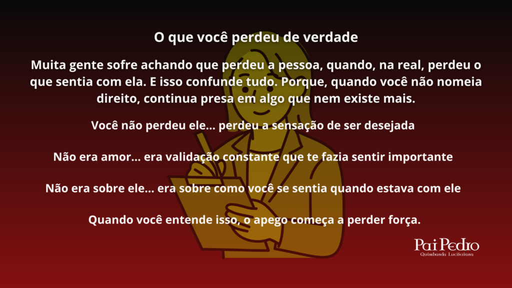 Texto reflexivo sobre ex-amor destacando que a dor não é pela pessoa, mas pela sensação perdida e pela validação emocional