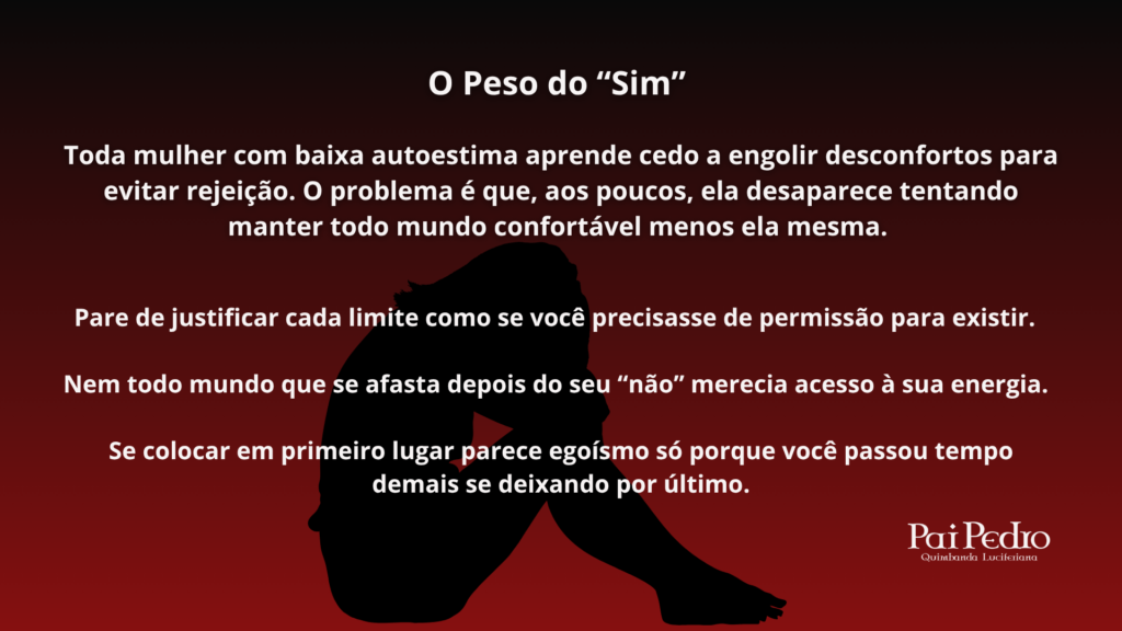 Silhueta de mulher sentada em fundo vermelho escuro com mensagem sobre limites emocionais, representando o tema aprenda a dizer não sem culpa.