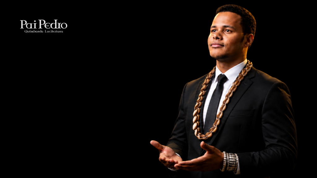 Retrato de Pai Pedro da Quimbanda em postura de liderança, representando Liderança Espiritual aliada à gestão profissional, demonstrando responsabilidade, organização, tradição e compromisso com a condução de sua comunidade espiritual.