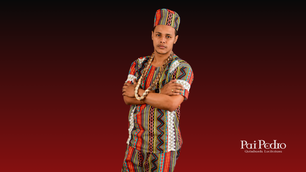 Retrato de Pai Pedro da Quimbanda com vestimenta tradicional, representando Liderança Espiritual baseada na tradição, na ética e na gestão responsável de sua comunidade, simbolizando autoridade, compromisso e respeito às raízes religiosas.