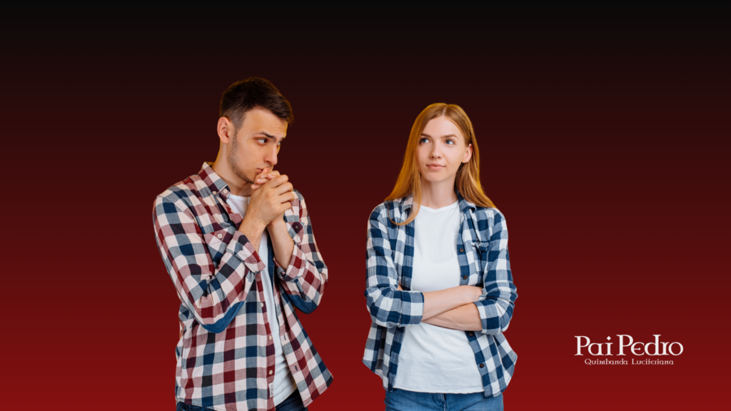 Homem em gesto de súplica diante de uma mulher indiferente, representando que parar de suplicar por amor também é uma forma de se escolher.