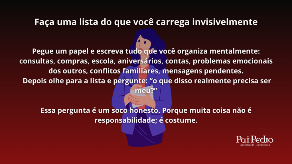 Arte com fundo vermelho escuro e ilustração de uma mulher segurando uma lista, com mensagem sobre pare de carregar responsabilidades invisíveis sozinha.