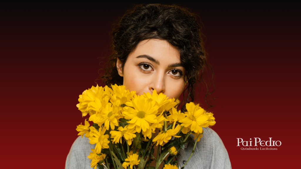 Verdade: mulher segurando flores diante do rosto, simbolizando sentimentos escondidos e a necessidade de encarar o que realmente existe na relação